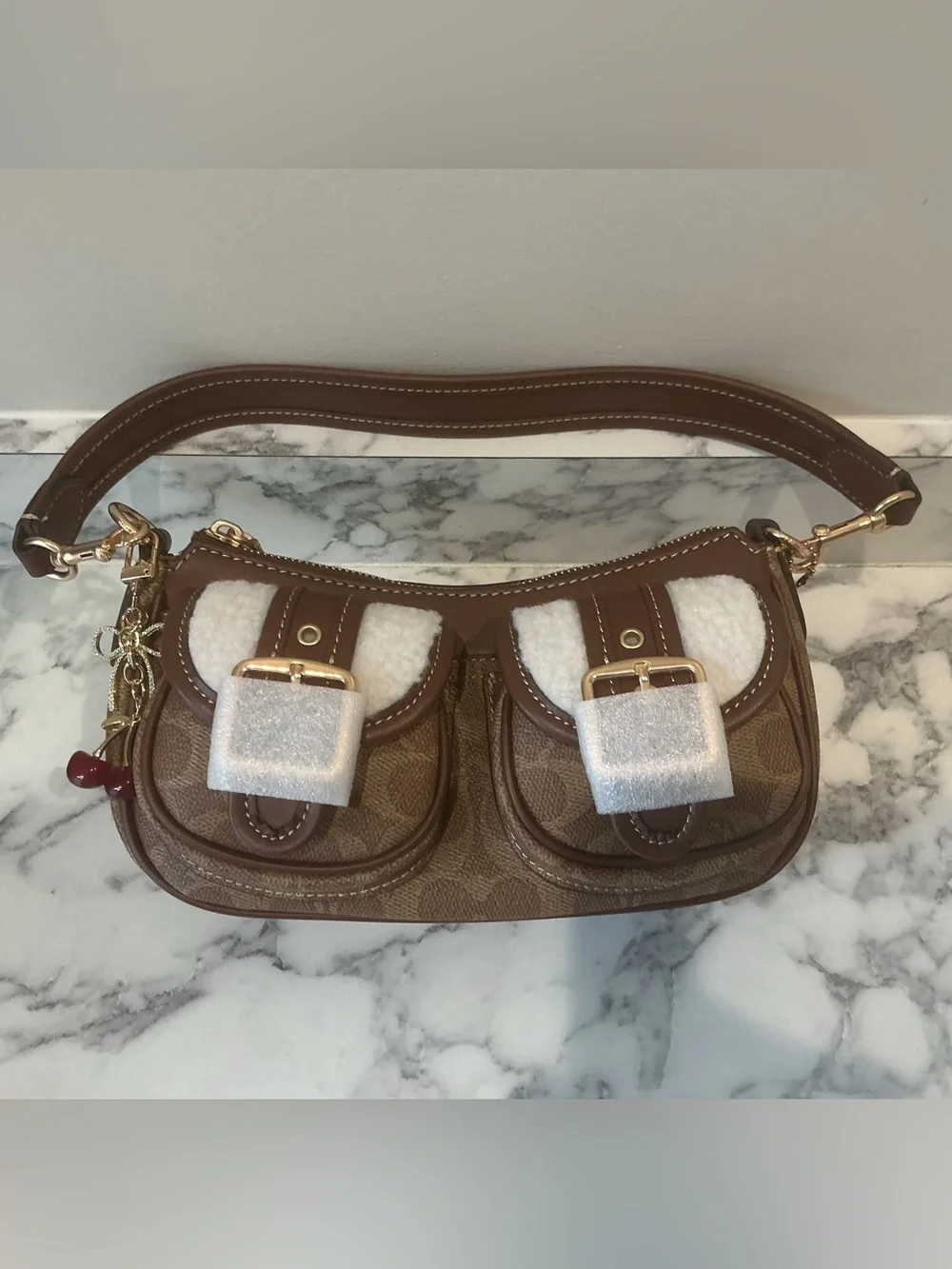 Coach Brown Signature Ashton Shoulder Bag with Sherpa Trim